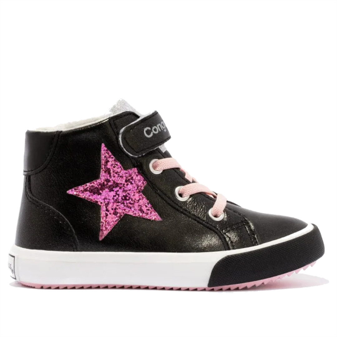 Zapatillas Altas De Ni a Con Estrella Y Tira Adherente Negras